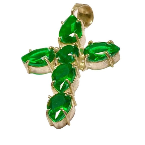 Gemstone Cross Pendant Deep Green CZ Stones Chrome Diopside Color (2.25") - Picture 3 of 4
